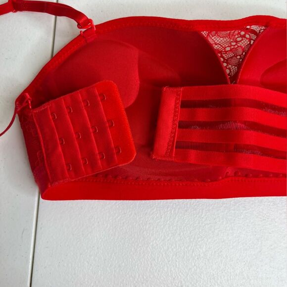 Red Lace Bralette Corset Lace Tie Up Bra Convertible Strapless Push Up Women 34C - Picture 12 of 16